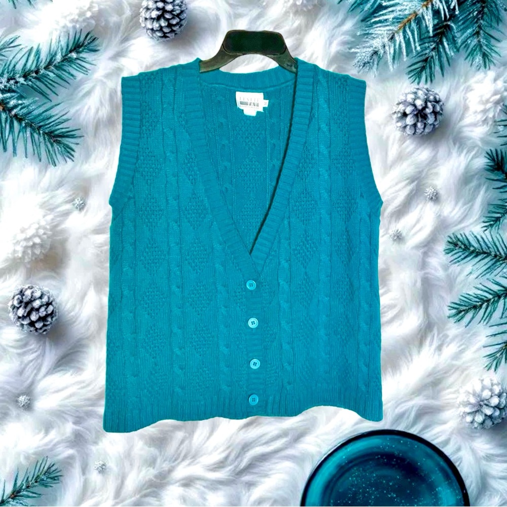 Leslie Fay Sportswear Vintage Dark Turquoise Blue Button Sweater Vest Wm Medium